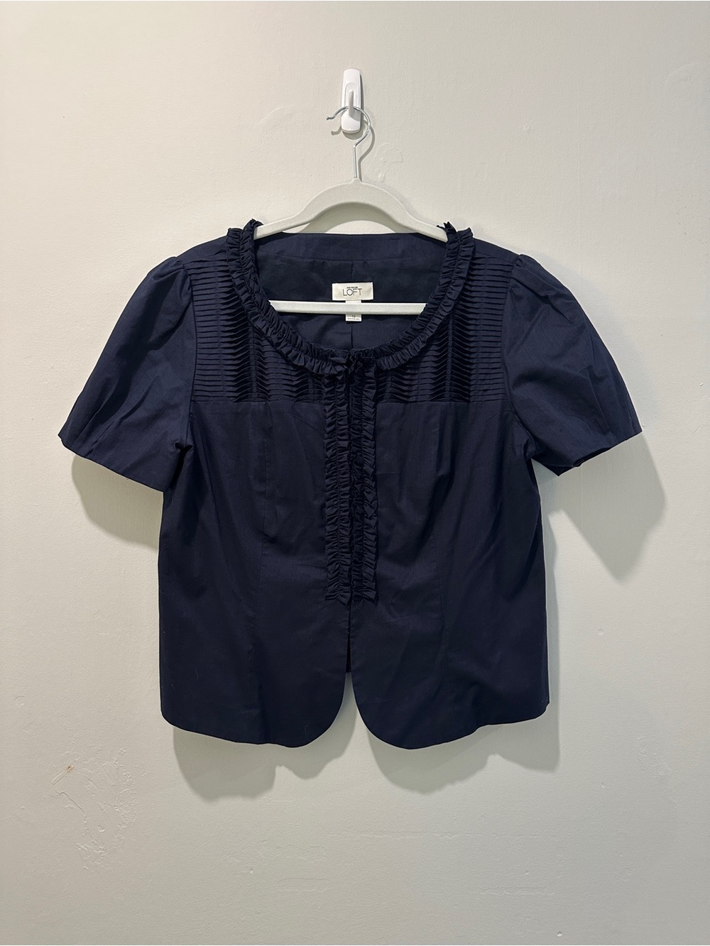 LOFT Navy Ruffle Front Short Sleeve Blouse